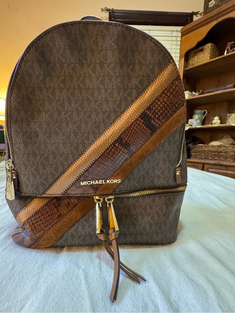 Michael Kors Rhea Zip Medium Backpack Brown MK Signature Snakeskin Stripe